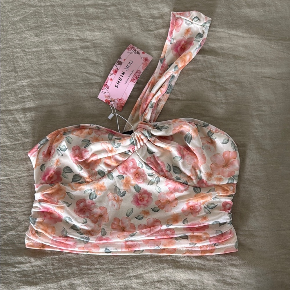 SHEIN Pink and White Ruched Bustier Tank Top
